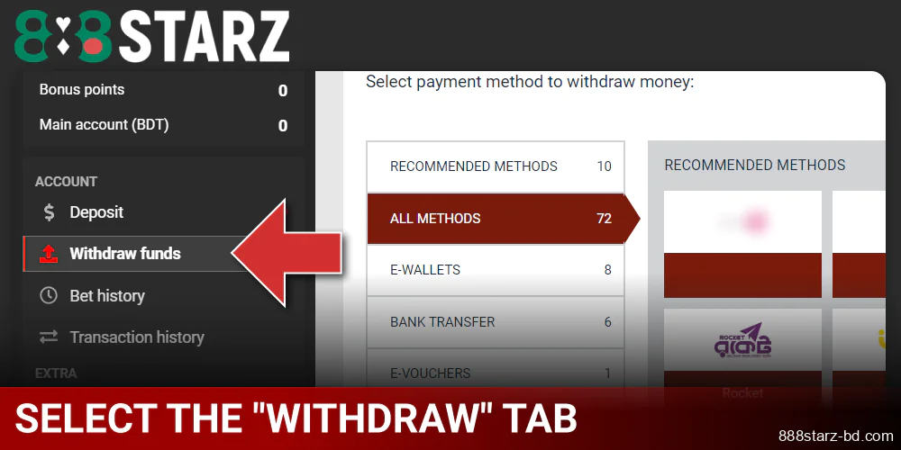 Select the "Withdraw" tab in 888Starz