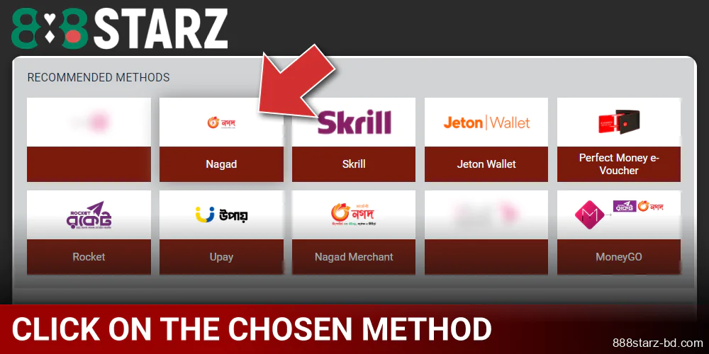 Choose the withdraw method at 888Starz